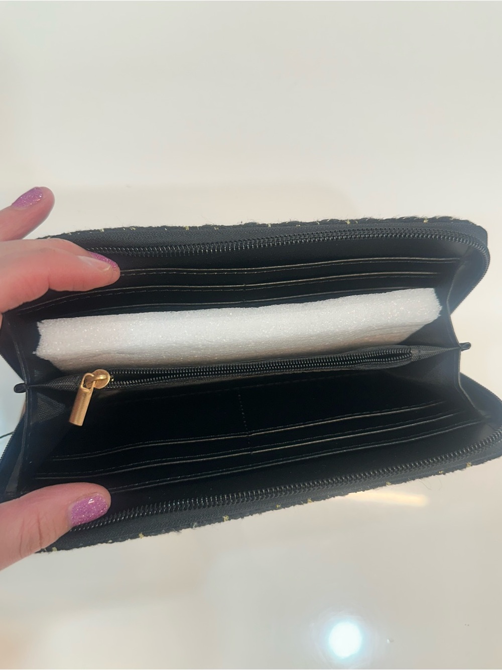 Badgley Mischka Black Tweed Zip Card Wallet with Gold Accents - Picture 7 of 9